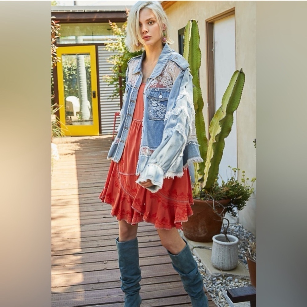NWOT POL Lace Ruffle Trim Denim Shacket Size Small - Picture 8 of 16